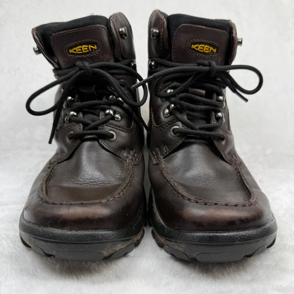 KEEN Mens 9.5 Dark Brown Leather Waterproof Moc‎ Toe Hiking Work Boots 1009250